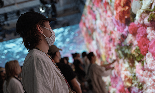 Visitors watching a floral projection on a large wall
